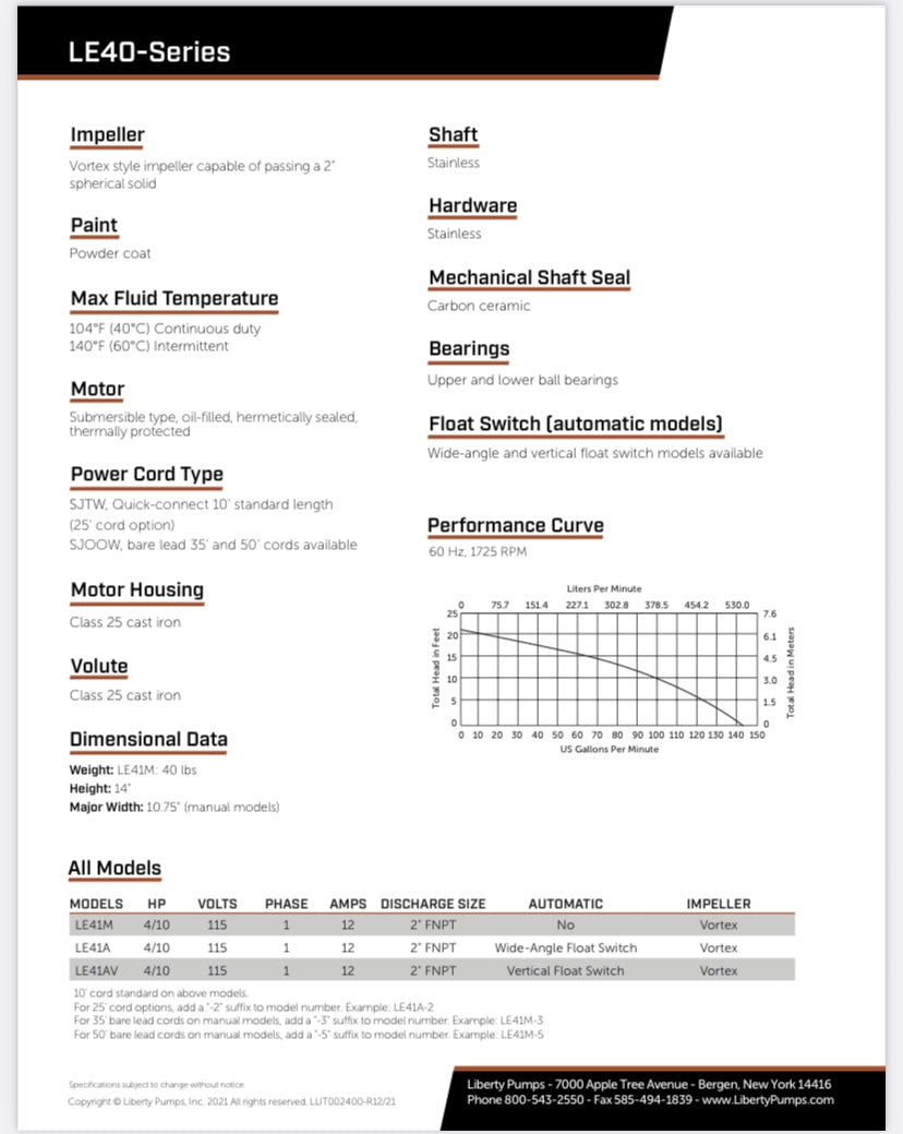 Liberty LE41A-2 Submersible Sewage Pump 4/10 hp - Corkums Pipe & Culvert Online