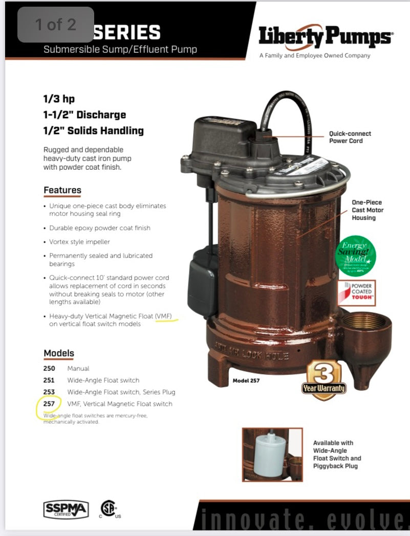 Liberty 257 VMF Submersible Sump Pump - Corkums Pipe & Culvert Online