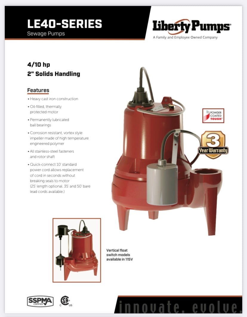 Liberty LE41A-2 Submersible Sewage Pump 4/10 hp - Corkums Pipe & Culvert Online