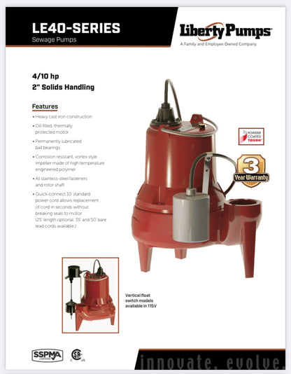 Liberty LE41A-2 Submersible Sewage Pump 4/10 hp - Corkums Pipe & Culvert Online