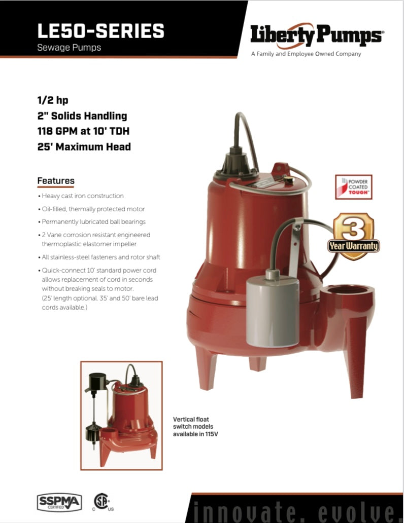Liberty LE51A-2 Submersible Sewage Pump 1/2 hp - Corkums Pipe & Culvert Online